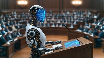 Poster - An advanced robot stands at a podium, speaking to an engaged audience in a modern auditorium