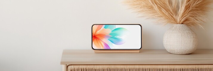 Poster - Digital Home Styling Revolution Minimalist AR Smartphone Displaying Vibrant Wall Art Projection in Neutral Contemporary Interior Design Landscape