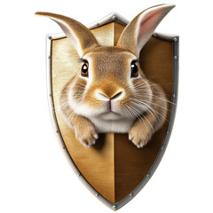 Poster - Playful rabbit peeking out from behind a shield creating an endearing and whimsical scene in a fantasy setting isolated on a white background.