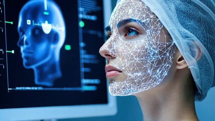 Poster - Female Scientist Analyzing Data with Facial Recognition Technology and Digital Interface in a Modern Research Laboratory Environment