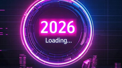 Fototapete - Futuristic Loading Screen with Neon Glow and Digital Elements Representing the Year 2026 in a Technology Inspired Environment