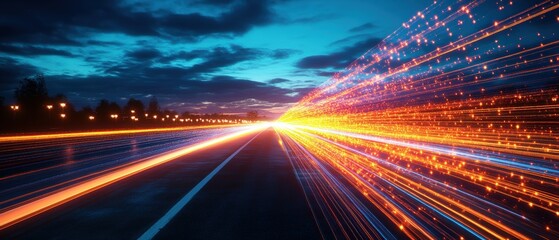 Poster - Striking view of a highway with colorful light streaks illuminating the pathway for speeding vehicles at night