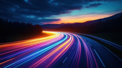 Poster - Stunning perspective of a highway filled with cars and colorful light streaks creating a vibrant night scene