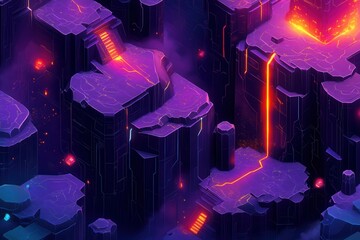 Aufkleber - Isometric gaming-inspired background with stylized terrain and vibrant lighting effects showcasing a surreal landscape
