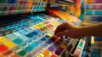 Fototapete - designer hand selecting vibrant colors from palette, showcasing variety of hues and shades. image captures creative process and joy of color selection
