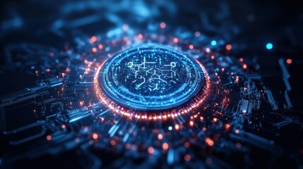 Aufkleber - striking digital circuitry with a glowing blue circle at the center creating a futuristic and high-t