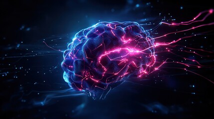 Aufkleber - vivid image of a brain with glowing pink and blue neurons firing in a dark blue background represent