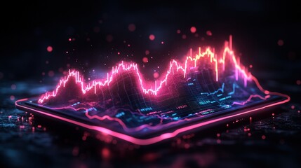 Poster - Stylish smartphone showcasing a pink and blue neon pattern on a modern digital display with vibrant colors