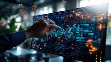 Poster - Person's hand touching a computer screen illustrating the concept of digital transformation and interactive technology