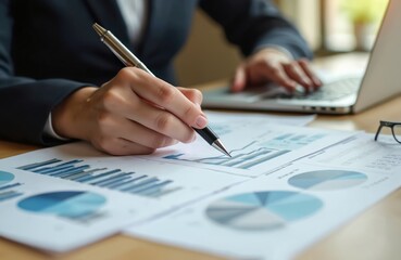 Poster - Close up of businesswoman hands holding pen, point to financial docs investment plans, graph charts in office. Analysis of stocks, financial paperwork on table. Accounting, calculating profit, online