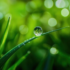 Wall Mural - Captures ethereal beauty of a solitary dewdrop delicately suspended on a slender blade of emerald grass revealing its pristine spherical shape amidst a backdrop of lush verdant foliage encapsulating