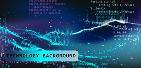 Aufkleber - Dynamic 3D vector illustration featuring digital waves with overlaying code and data elements. The vibrant colors reflect technology, innovation, and the flow of information in a digital landscape.