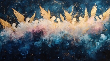 Wall Mural - night sky bursts into divine radiance as multiple angels fill the heavens. celestial beings shine wi