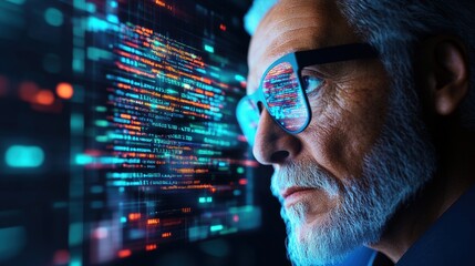 Poster - Focused older individual with glasses deeply engaged in work while staring intently at a computer screen