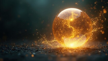 Aufkleber - Abstract sparkles flow inside transparent golden sphere on dark blurred background. Glowing energy ball with wavy texture and bokeh shimmer. Elegant luxury bright digital wallpaper.
