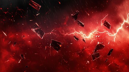 Poster - Dramatic red and black abstract background with lightning bolts and shattered glass creating an intense cinematic atmosphere