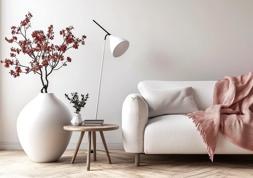 A 3D rendering of a living room interior featuring a sofa, pillows, plaid, a lamp, and a vase with flowers set against a blank white wall