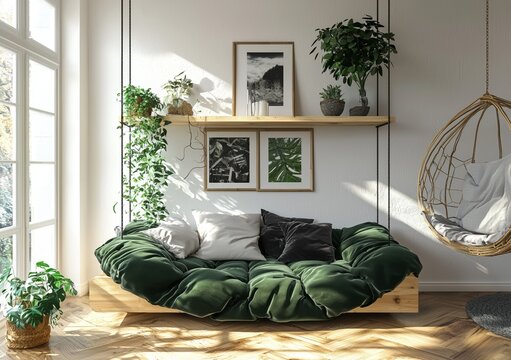 A living room featuring an urban jungle aesthetic, complete with a gray sofa, a golden lamp, and potted plants set against a white wall, as depicted in a 3D rendering