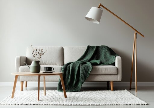 A Scandinavian-style living room features a fabric sofa, pillows, plaid, a lamp, and a green plant in a vase set against a white wall background in a 3D rendering