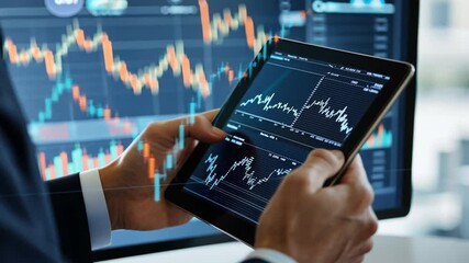 Poster - Market Analysis: A close-up shot features a business person engrossed in financial analysis, as they intently scrutinize market charts displayed on a digital tablet and computer screen.
