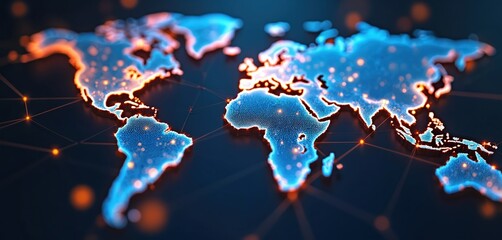 Fototapete - World map with glowing nodes connected by lines shows global digital network. Blue globe worldwide connection business, communication, tech. Represents social network, internet infrastructure, data