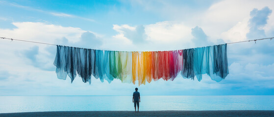 AI generator images of After a night of fishing, fisherman sets his nets on a rope line on the beach to dry in the breeze vibrant colors