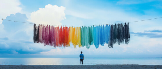 AI generator images of After a night of fishing, fisherman sets his nets on a rope line on the beach to dry in the breeze vibrant colors