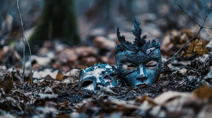 Poster - Symbolic broken mask on forest floor nature scene artistic photography mysterious atmosphere ground level view