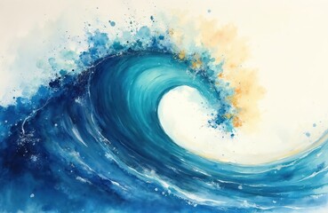 Aufkleber - Watercolor illustration of large ocean wave with splash of blue turquoise, yellow and white colors. Sea water motion art background. Nautical seascape drawing with flowing liquid texture swirls.