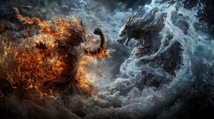 Poster - Epic battle of fire and water phra aphai mani vs. Phii seua mythical realm digital art dramatic atmosphere