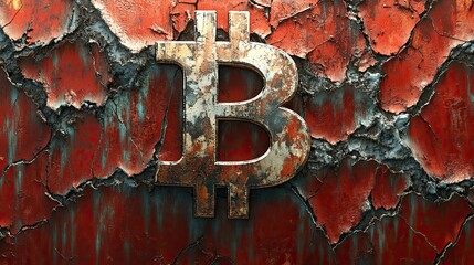 Poster - Bitcoin symbol in a cracked state on a blurry background with red  trends, 9