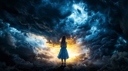 Poster - Girl stands against dramatic stormy sky capturing nature's beauty outdoor scene inspirational viewpoint
