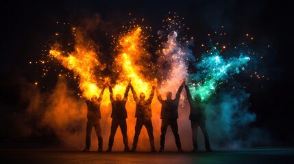 Aufkleber - Diverse group of friends joyfully holding up fireworks against a night sky in a celebration of togetherness and fun