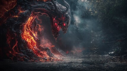 Poster - Fiery transformation of a lava beast enchanted forest digital art dark atmosphere dramatic angle fantasy concept