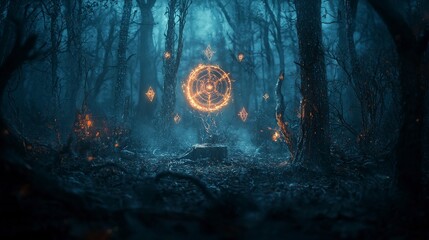 Aufkleber - Mystical ritual unfolding in enchanted forest fantasy scene magical elements dark atmosphere surreal perspective