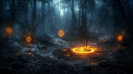Canvas Print - Mystical ritual unfolds in enchanted forest fantasy scene dark atmosphere magical energy atmospheric perspective