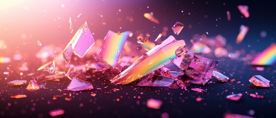 Aufkleber - Close-up of broken glass pieces displayed on a holographic background highlighting shattered fragments and details