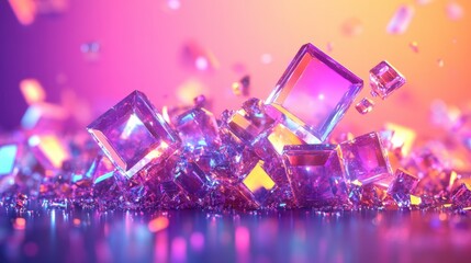 Aufkleber - Vibrant pile of crystals displaying a spectrum of colors and shapes on a realistic holographic background