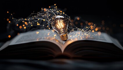 Poster - A light bulb glowing on a book symbolizes inspiration derived from reading, representing educational knowledge, business education concepts, innovations, self-learning, and the pursuit of new ideas,
