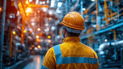 Poster - worker in yellow safety helmet and jacket stands in industrial facility, observing machinery and equipment. environment is illuminated with warm lighting, creating focused atmosphere