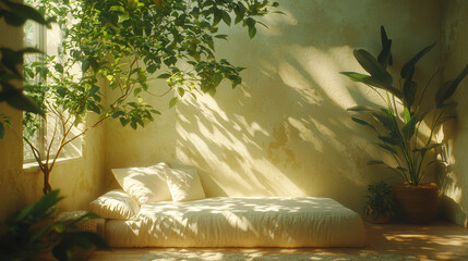 Aufkleber - serene and modern minimalist bedroom featuring cozy bed surrounded by lush greenery. Natural light filters through windows, creating peaceful atmosphere