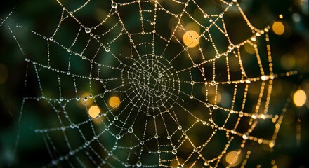 Intricate spiderweb glistening with morning dew, catching the sunlight beautifully.