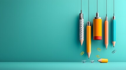 Poster - Levitating pens pencils and paper clips suspended in a tranquil blue pastel backdrop  Minimalist back to school or education themed photo with soft natural lighting and crisp focus