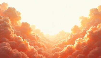 Aufkleber - Orange clouds background with soft light. Fluffy cloudscape in heaven. Dreamy three-dimensional gas effect with transparent mist. Realistic atmosphere with ozone, vapor layers. Meteorology