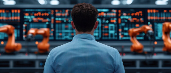 Aufkleber - focused engineer observes robotic arms in high tech facility, showcasing advanced automation and technology. environment is vibrant with digital displays and machinery