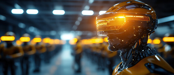 Aufkleber - futuristic robot with glowing visor stands in industrial setting, surrounded by other robots. scene conveys sense of advanced technology and innovation