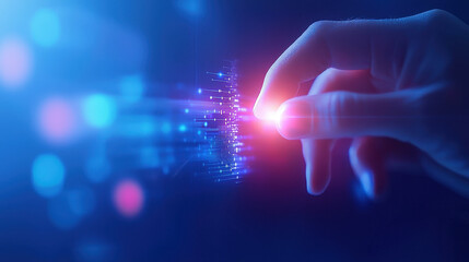 Poster - futuristic image of hand interacting with digital data, symbolizing technology and innovation. vibrant colors and glowing elements create sense of excitement and advancement
