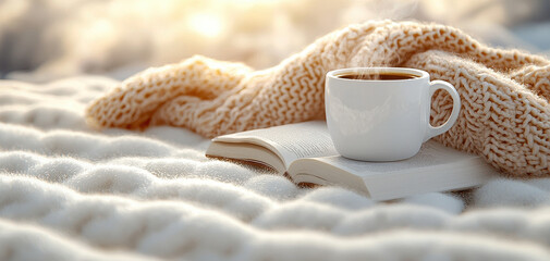 Aufkleber - cozy scene featuring white coffee cup on open book, surrounded by soft knitted blanket. warm atmosphere invites relaxation and comfort