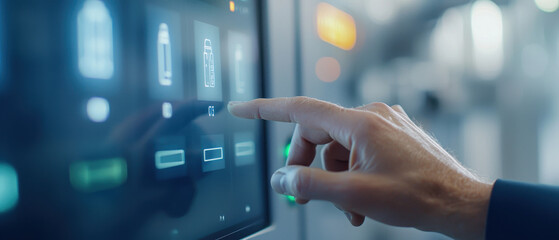 Aufkleber - close up shot of hand interacting with modern touchscreen interface, showcasing various icons and controls. image conveys sense of technology and user engagement