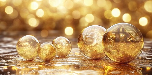 Poster - Bitcoin cryptocurrency coin with golden spheres, representing an e-commerce investment idea, presented in 3d